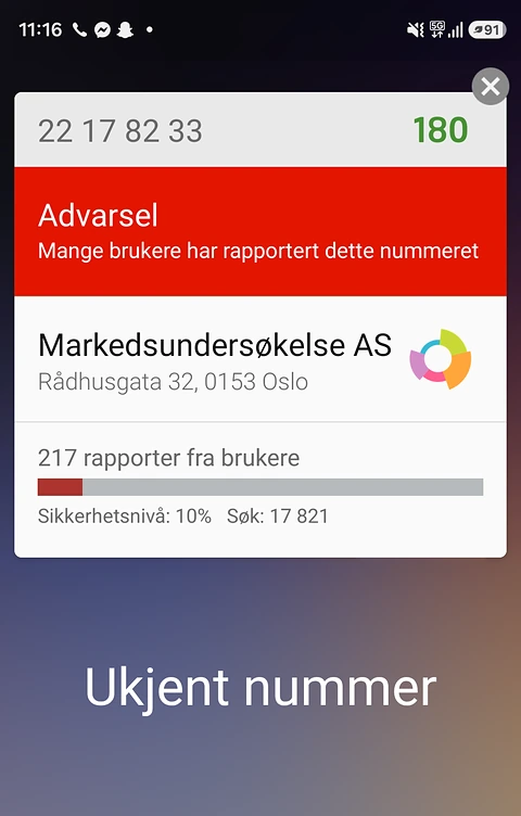 180-appen varsler om mulig telefonsalg ved innkommende anrop