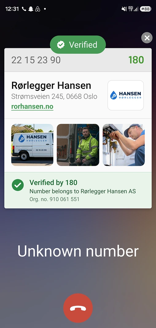 The 180 app showing that an incoming call is from a verified, safe number: Rørlegger Hansen