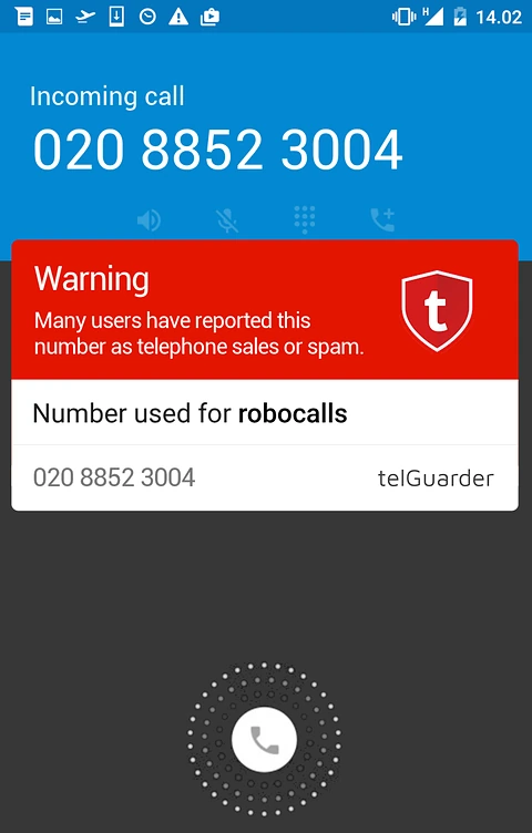 The telGuarder app warning that many users have reported the number as telephone sales or spam