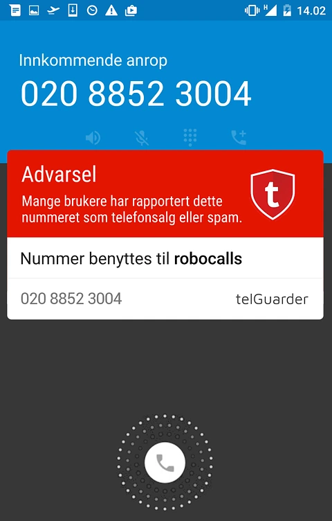 telGuarder-appen advarer om at mange brukere har rapportert nummeret som telefonsalg eller spam